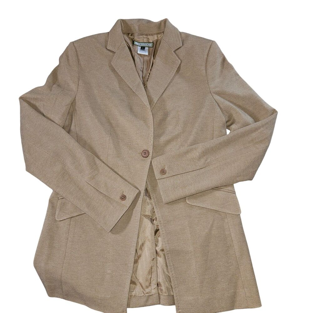 Thalian Knit Blazer Size 10 Tan Single Button Polyester Blend Warm Comfortable